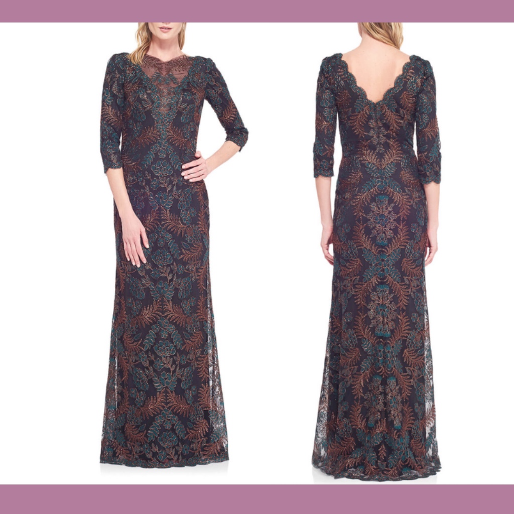 New $588 Tadashi Shoji Zuri Embroidered Gown In Black/Deep Leaf [Sz 4 ]